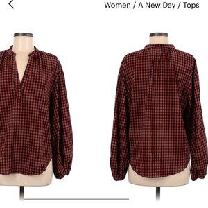 A New Day Orange and Black Checker Puff Sleeve Blouse Size M
